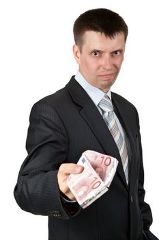 businessman casually gives the euro on a white background