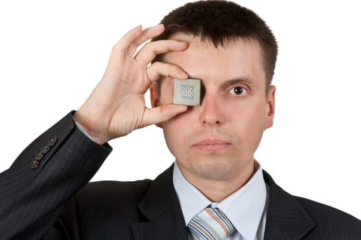 Businessman closes one eye, a processor on a white background