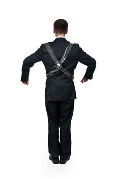 Businessman with a computer fan on the back of imitating Karlsson