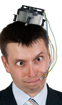Portrait of businessman with the computer cooler on his head