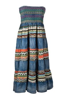 Women's long denim dress with embroidery on a white background