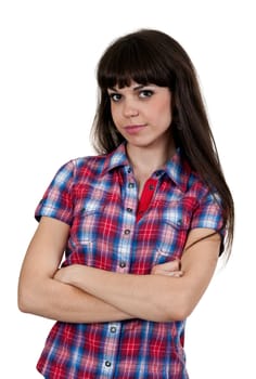 portrait of a girl in a red checked shirt on a white background
