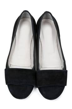 pair of black suede women's shoes isolated on white background