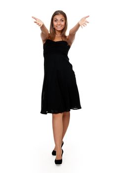 tanned girl in a black dress on white background