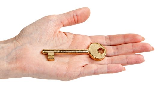 woman's hand with a key, isolated on a white background