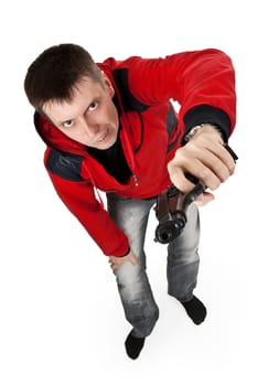 young thug in a red sweater with a gun on a white background