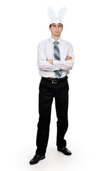 businessman with rabbit ears on a white background