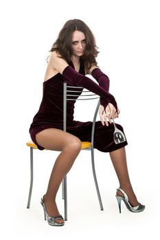 drunk girl on a chair with a blank Fougeres on a white background