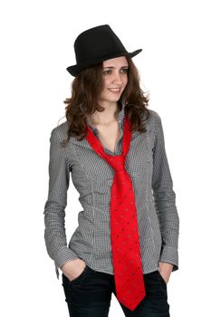 girl in a hat and a red tie on a white background