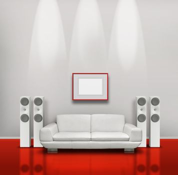 Red and white listening room with white speakers and sofa