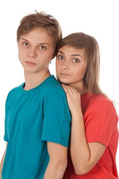couple of teenagers in color clothes isolated on white background