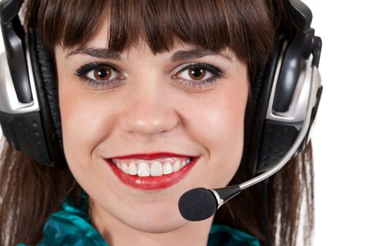 portrait of girl with headphones with microphone isolated on white background