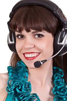 portrait of girl with headphones with microphone isolated on white background