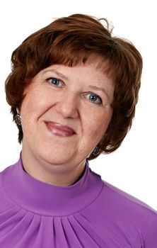 portrait of middle-aged woman closeup on white background