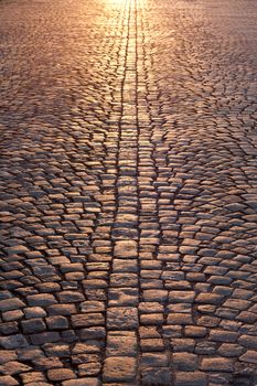 stone pavement in evening sunlight in Helisinki Finland