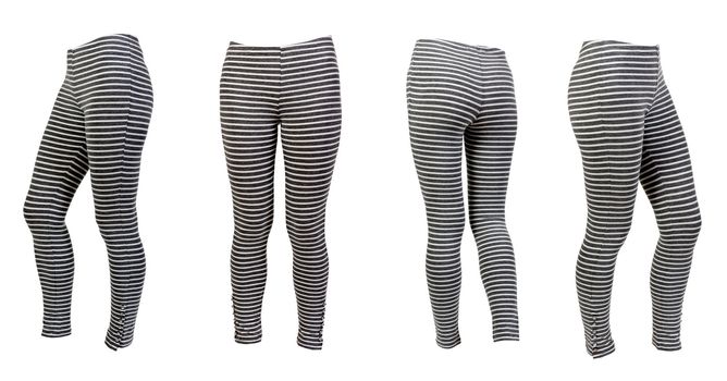 four gray striped leggings collage isolated on a white background. Image composed of several photographs.