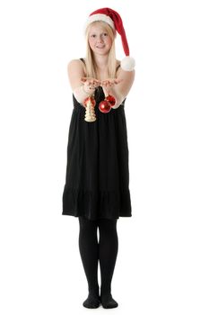 Young beautiful girl in a Santa hat on a white background