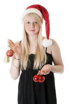 Young beautiful girl in a Santa hat on a white background