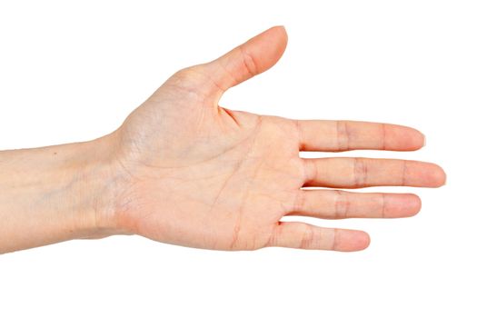 woman's hand, palm outstretched on a white background