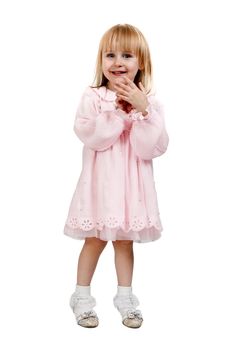 little girl in a pink dress in studio isolated on a white background