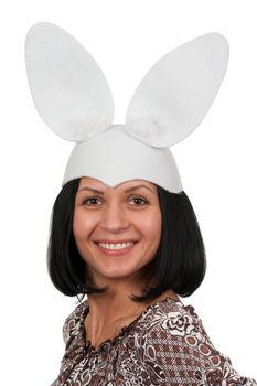 Woman with rabbit ears isolated on white background