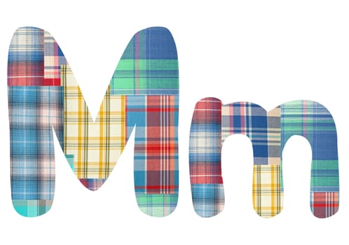 collage letter "M" of the color patches checkered fabric on a white background