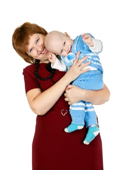 grandmother with her grandson in the studio isolated on white background