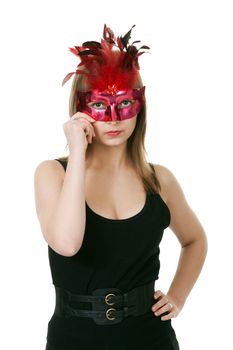 girl in the red masquerade mask on a white background