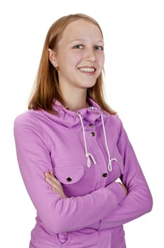portrait of a girl in a pink dress isolated on white background