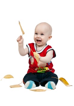 little boy with autumn leaves in the studio on a white background