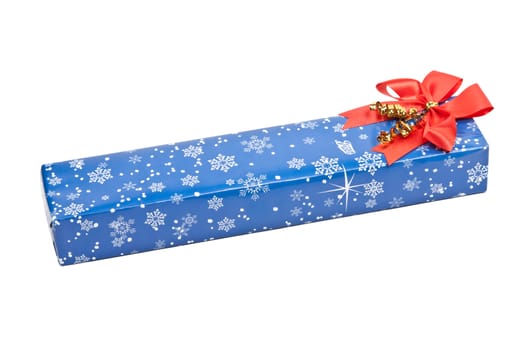 blue box, a gift with a red bow on a white background