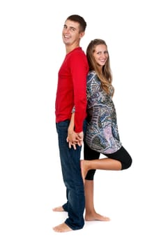 girl and a man standing on white background