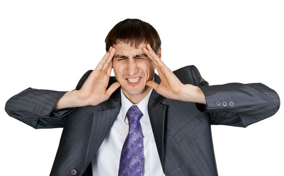 businessman in a gray suit with a headache in the studio isolated on a white background