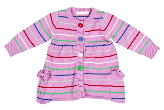 striped baby sweater with buttons in the shape of a heart isolated on white background