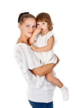 Pregnant mother and daughter to eat a plum on a white background