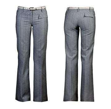 Collage of two gray women's pants isolated on a white background. The picture is composed of several images.