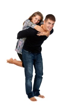happy couple in the studio on a white background