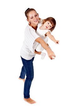 Mother and daughter show his hand in the studio on a white background