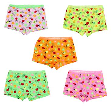 A collage of five colored panties isolated on a white background. The image is composed of several photos.