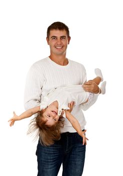 Dad and daughter in the studio on a white background