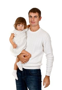 Dad and daughter in the studio on a white background
