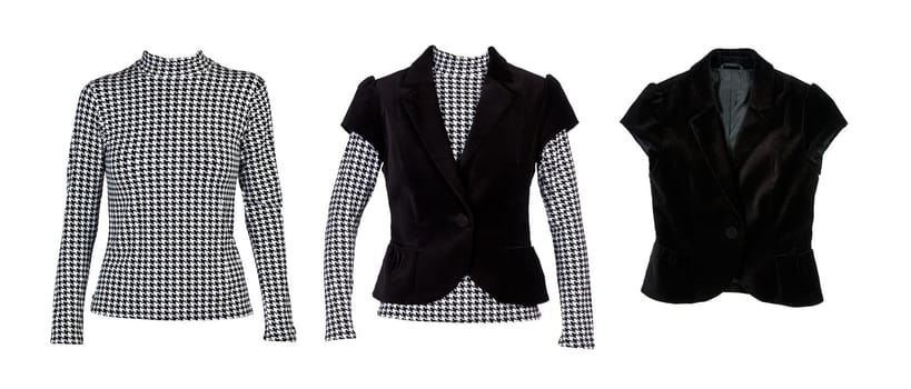 A collage of patterned blouses with "crows feet" and a black vest. The image is composed of several images.