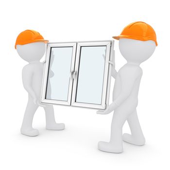 Two workers in orange hard hats have plastic window. Isolated on white background