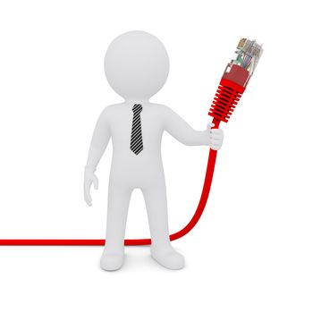 The white man holding a red network cable. Isolated on white background