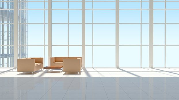 The interior of an office building. The blue sky background