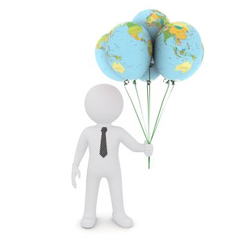 The white man is holding a balloon with a picture map of the earth. Isolated on white background