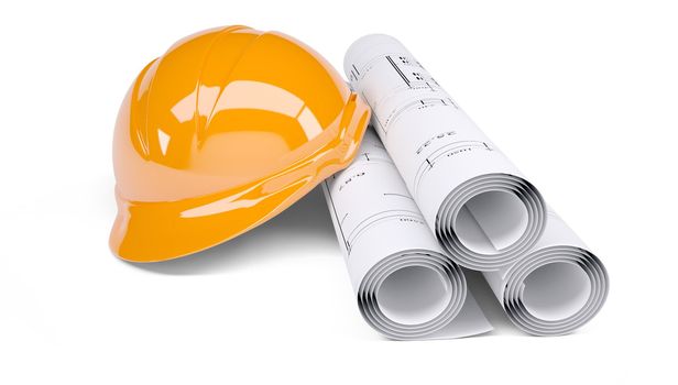 Rolls of architectural drawings and orange construction helmet. Isolated on white background