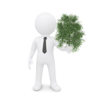 The white man holding a green tree. Isolated on white background