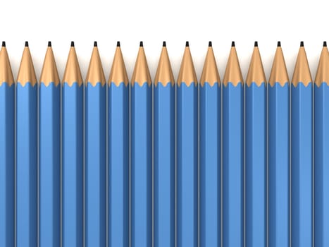 Blue pencils in a row on white background.