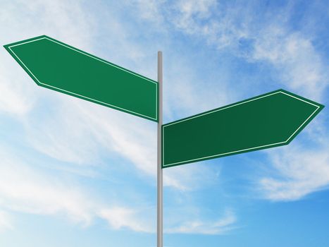 Blank green crossroad signs on cloudy sky.